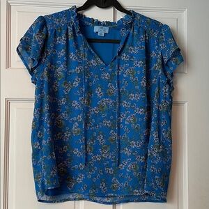 CeCe Vivid Blue Floral Flutter Sleeve Tie-Neck Blouse
